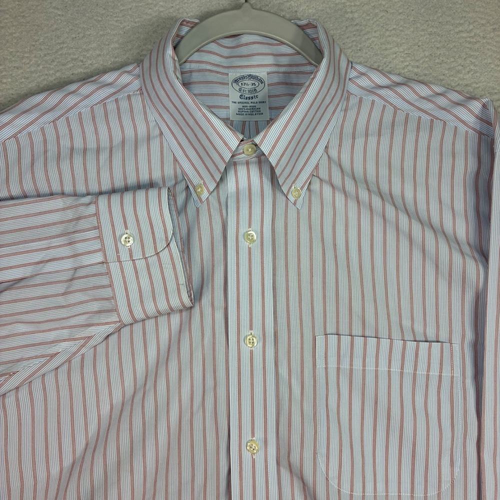 Brooks Brothers Oxford Shirt Men 17.5x35 Blue Red Striped Supima Button OCBD